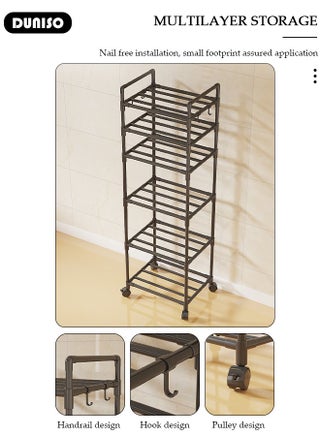 6 Tier Storage Shelves, Stable Kitchen Shelf Organizer, Metal Storage Rack with Rolling Wheels and Armrests, Removable Free Standing Rack with 4 Hooks, Multipurpose Rack, Shelving Unit for Laundry Room,Living Room,Garage,Pantry,Study Room - view 2