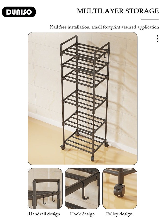 DUNISO 6 Tier Storage Shelves, Stable Kitchen Shelf Organizer, Metal Storage Rack with Rolling Wheels and Armrests, Removable Free Standing Rack with 4 Hooks, Multipurpose Rack, Shelving Unit for Laundry Room,Living Room,Garage,Pantry,Study Room  - Image 2