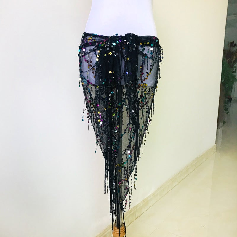 In stock belly dance waist chain beginner Indian dance practice hip towel tassel sequined triangle towel belt performance waist towel Pure black