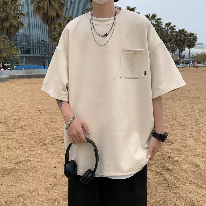 New American Style Casual T-shirt oversize Men's Short Sleeve Simple Pocket Crewneck T-shirt Summer Half Sleeve - Image 1