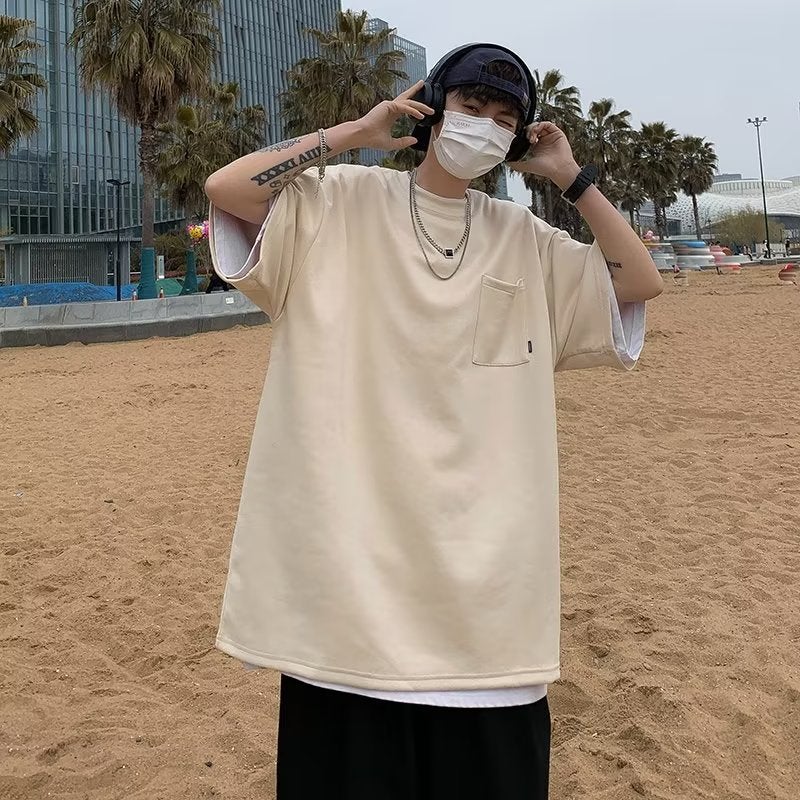 New American Style Casual T-shirt oversize Men's Short Sleeve Simple Pocket Crewneck T-shirt Summer Half Sleeve - Image 3