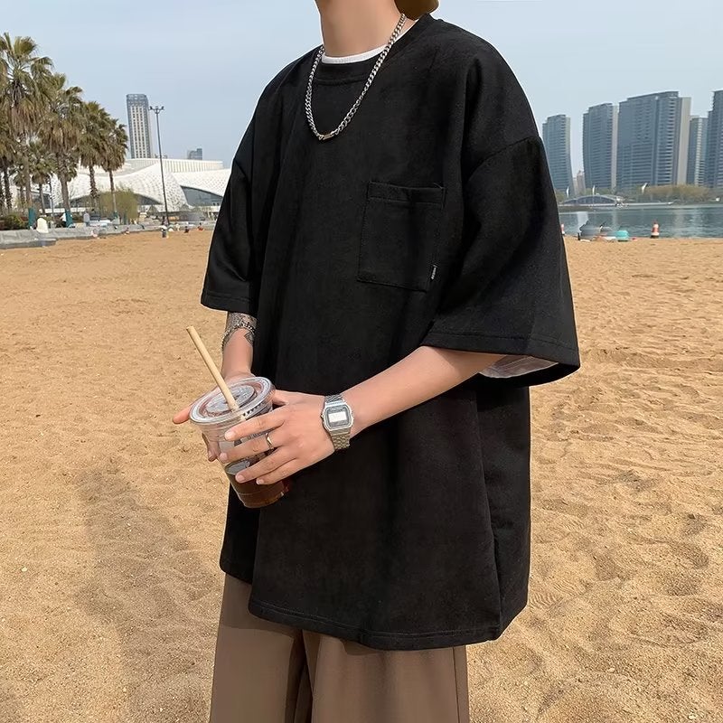 New American Style Casual T-shirt oversize Men's Short Sleeve Simple Pocket Crewneck T-shirt Summer Half Sleeve - Image 5