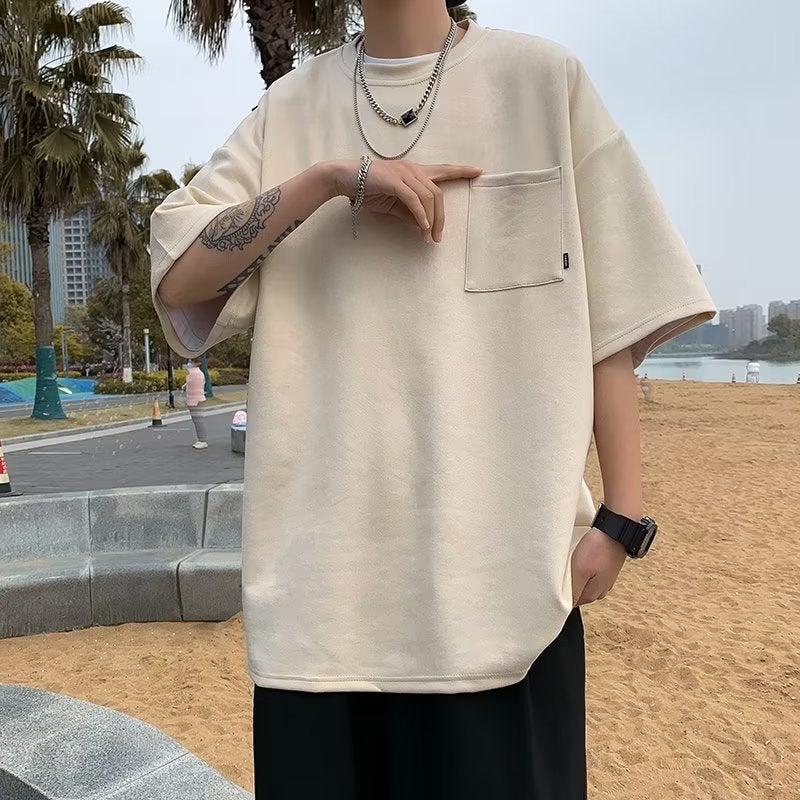 New American Style Casual T-shirt oversize Men's Short Sleeve Simple Pocket Crewneck T-shirt Summer Half Sleeve - Image 2