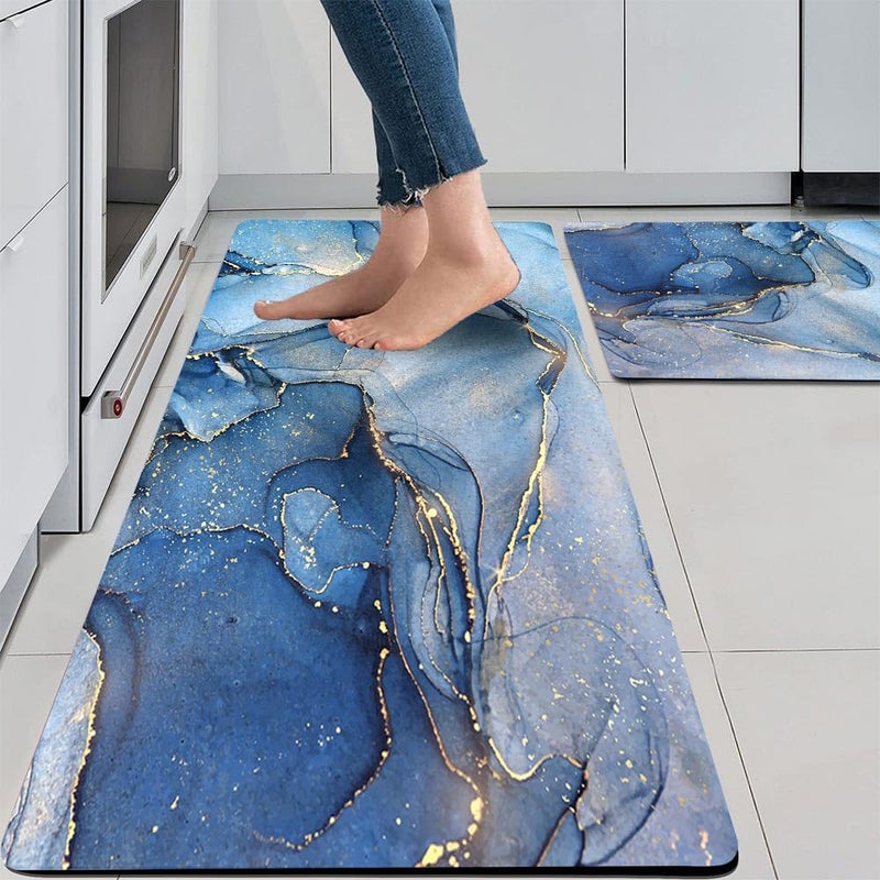 Mrcrypos Set of 2 Blue and Gold Marble Kitchen Mats PVC Leather Waterproof Non Slip Cushioned Standing Mats Anti Fatigue Kitchen Comfort Mats for Floor,Sink,Laundry,Office 17"x29"+17"x47" - Image 1