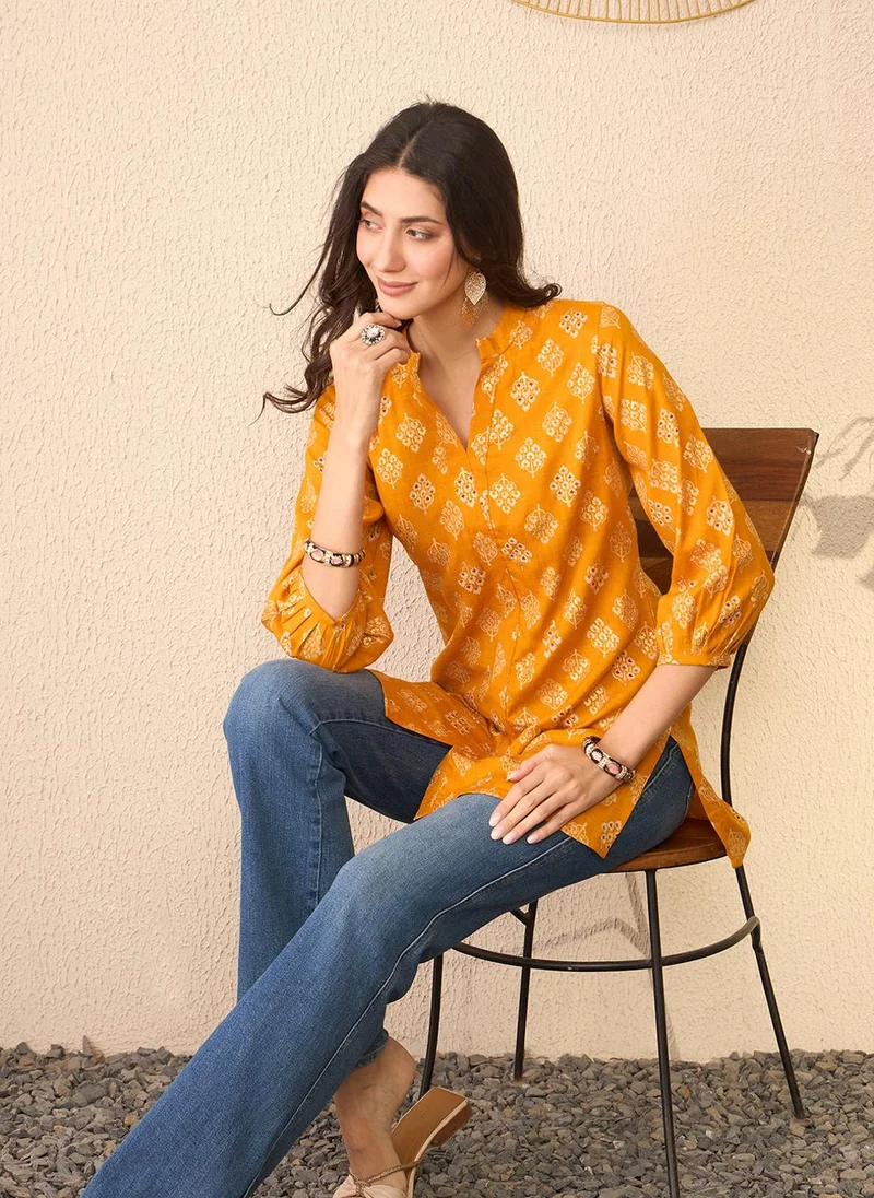 ZERESOUQ Yellow Cotton Blend Floral Printed Tunic Only