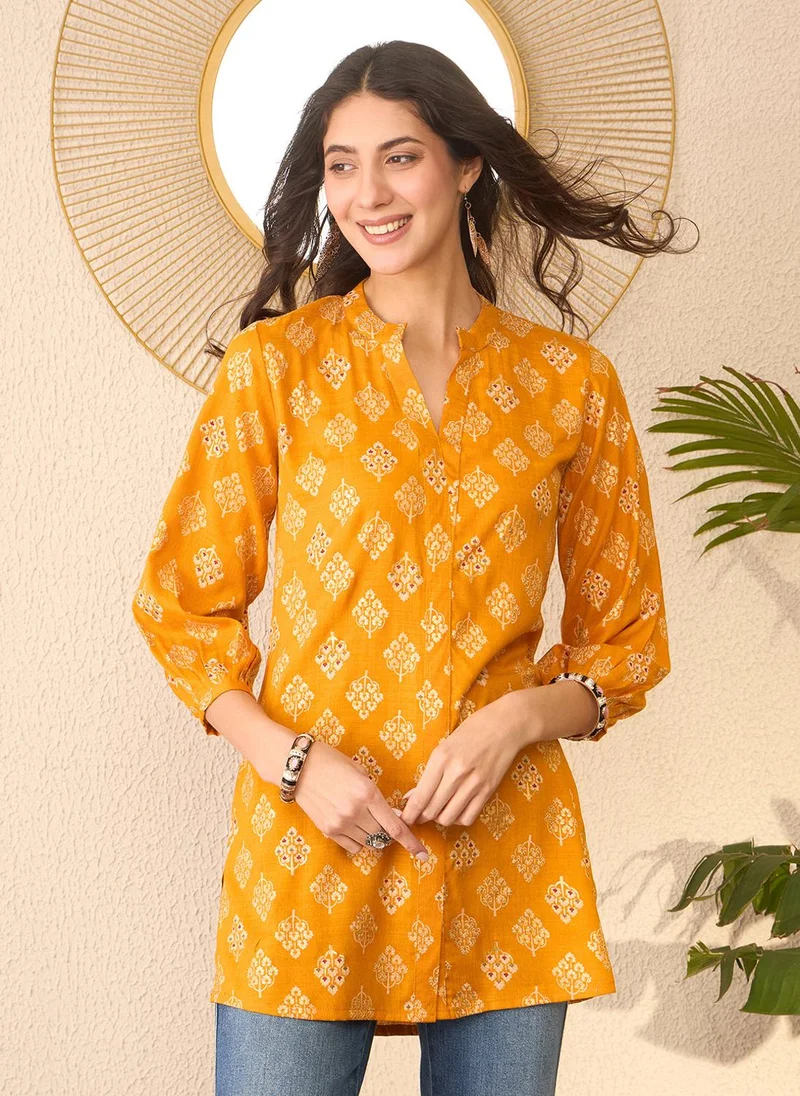 زيري سوق Yellow Cotton Blend Floral Printed Tunic Only