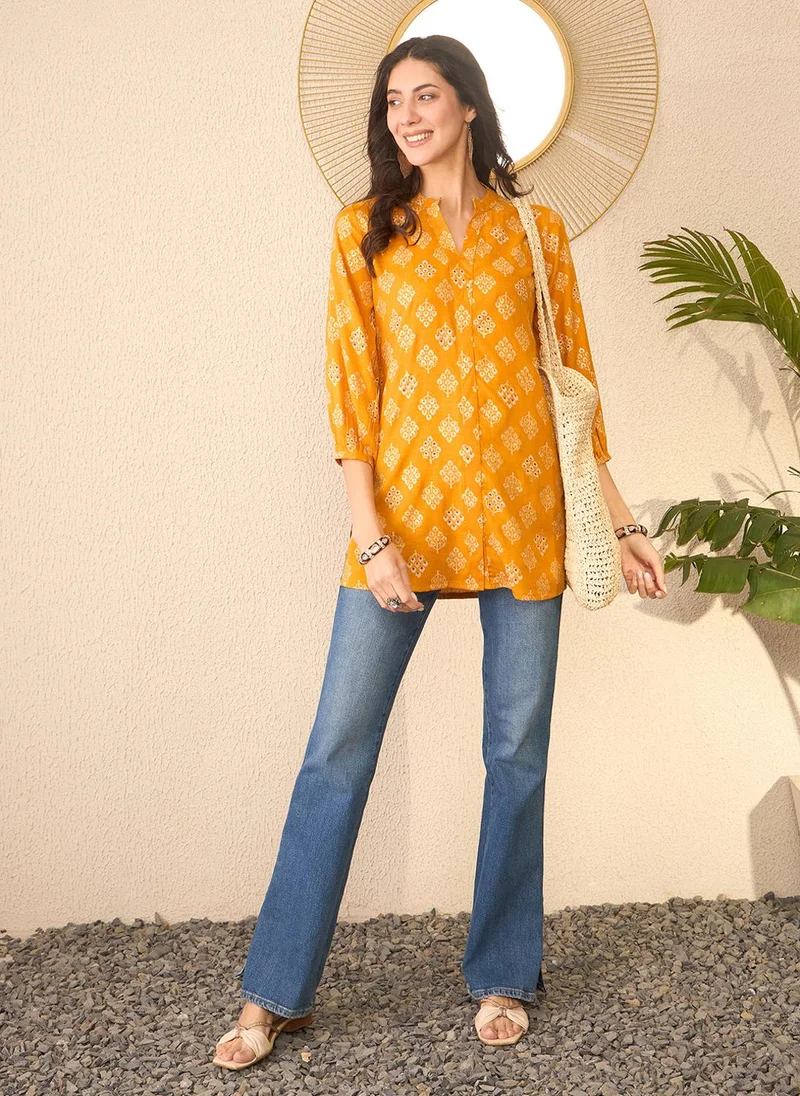 ZERESOUQ Yellow Cotton Blend Floral Printed Tunic Only