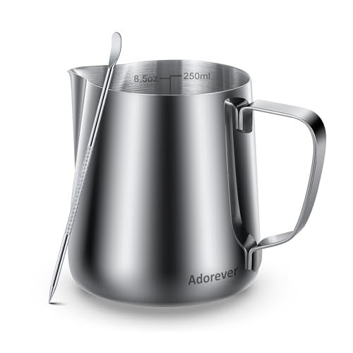 Adorever Milk Frothing Pitcher, 8.5oz / 250ml Steaming Pitcher Stainless Steel Espresso Machine Accessories for Coffee Bar, Cappuccino Barista Tools Milk Jug Steamer Frother Cup with Latte Art Pen - Image 1