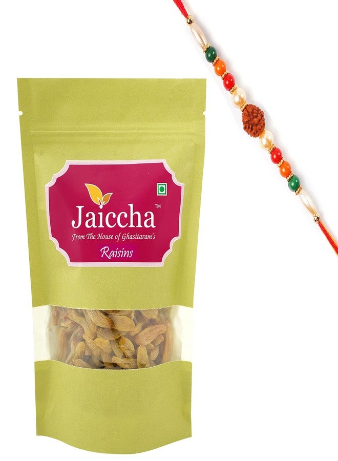 Jaiccha Ghasitaram Rakhi Gifts for Brothers Rakhi Dryfruits - Selected Indian Raisins 200 GMS in Green Paper Pouch with Rudraksh Rakhi - Image 1