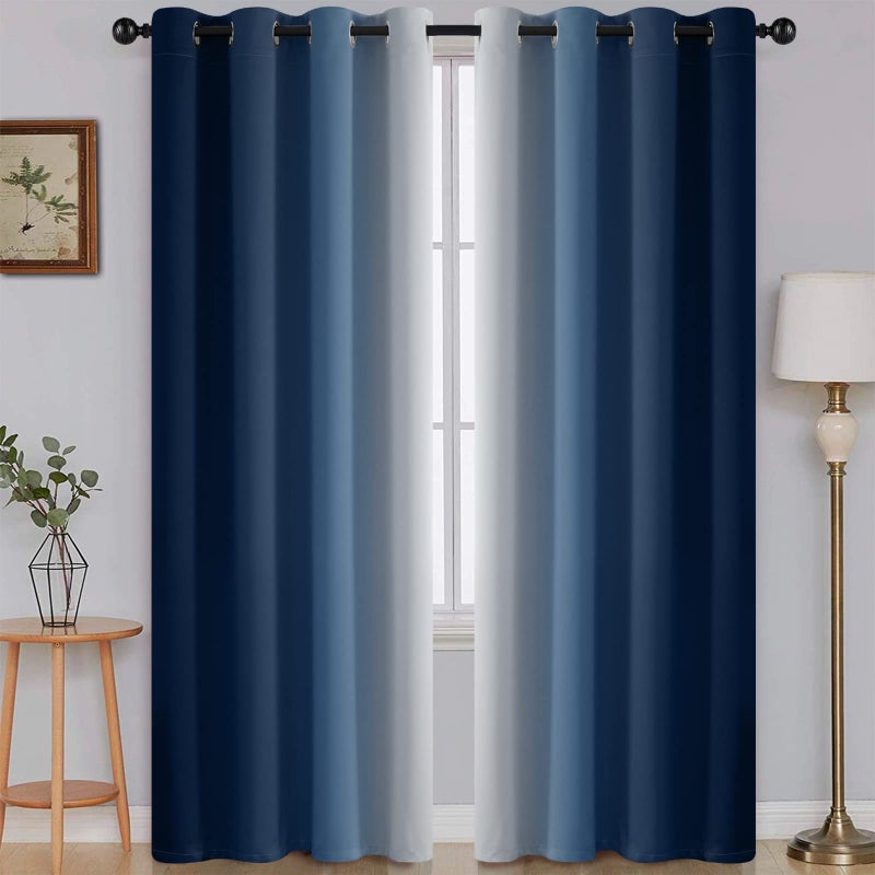 SimpleHome Ombre Room Darkening Curtains for Living Room Light Blocking Gradient Blue to Greyish White Thermal Insulated Grommet Window CurtainsDrapes for Bedroom 2 Panels 52x96 inches Length