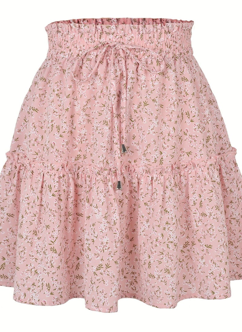 Loquat - New Women's High-waisted Floral Half Skirt Peplum Printed A-Line Short Skirt - Image 1