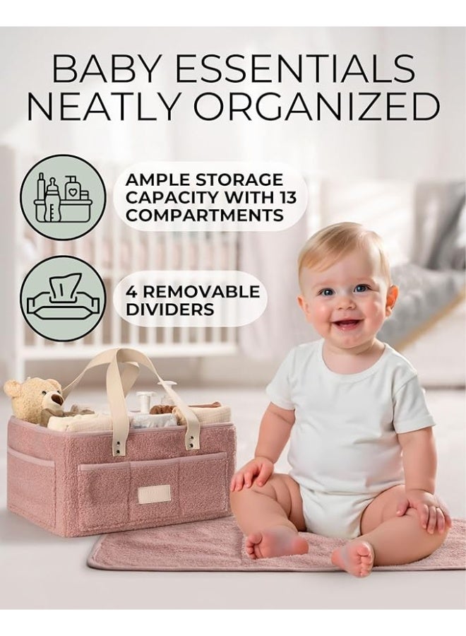 Toodly Baby Diaper Caddy Organizer with Portable Changing Mat - Teddy Fleece Diaper Organizer for Changing Table - Basket for Changing Essentials - Baby Essentials Organizer with Removable Dividers Pink Diaper Caddy with Changing Pad  - Image 4