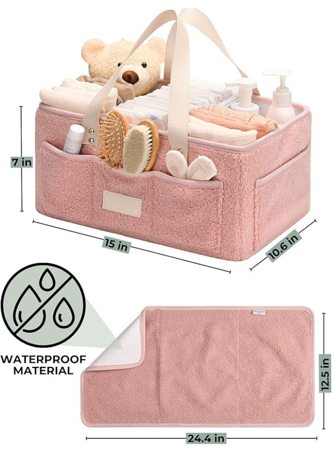 Toodly Baby Diaper Caddy Organizer with Portable Changing Mat - Teddy Fleece Diaper Organizer for Changing Table - Basket for Changing Essentials - Baby Essentials Organizer with Removable Dividers Pink Diaper Caddy with Changing Pad  - Image 3