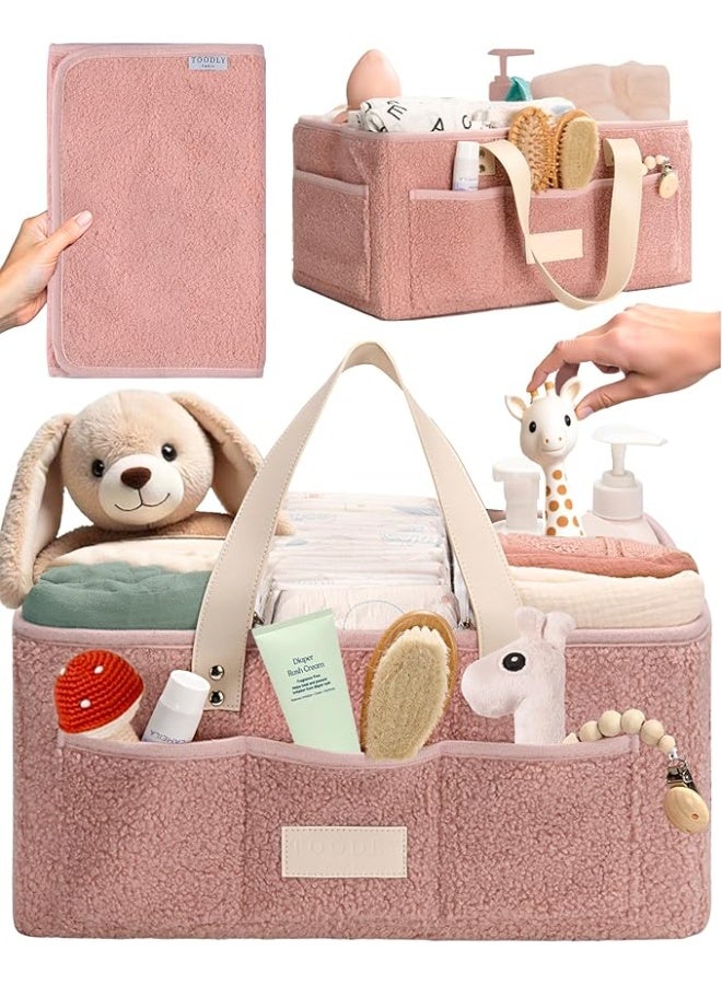 Toodly Baby Diaper Caddy Organizer with Portable Changing Mat - Teddy Fleece Diaper Organizer for Changing Table - Basket for Changing Essentials - Baby Essentials Organizer with Removable Dividers Pink Diaper Caddy with Changing Pad  - Image 1
