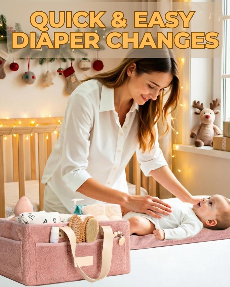 Toodly Baby Diaper Caddy Organizer with Portable Changing Mat - Teddy Fleece Diaper Organizer for Changing Table - Basket for Changing Essentials - Baby Essentials Organizer with Removable Dividers - Image 4