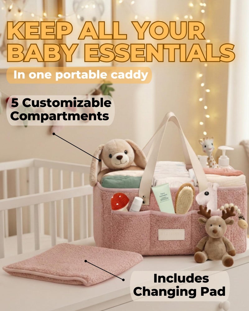 Toodly Baby Diaper Caddy Organizer with Portable Changing Mat - Teddy Fleece Diaper Organizer for Changing Table - Basket for Changing Essentials - Baby Essentials Organizer with Removable Dividers - Image 2