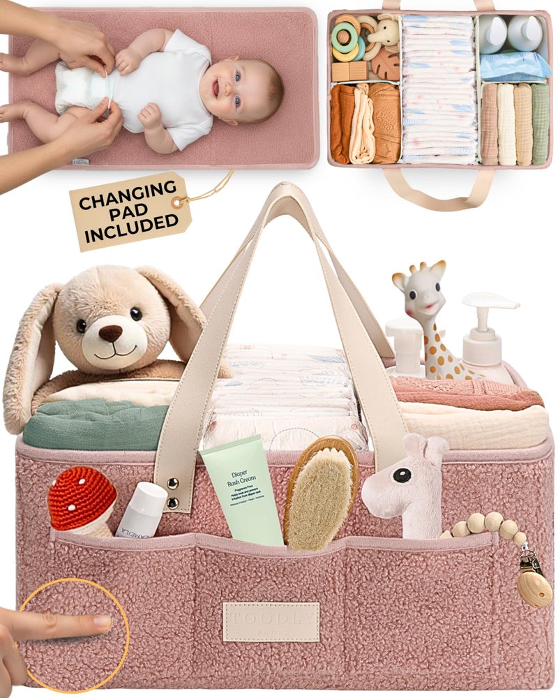 Toodly Baby Diaper Caddy Organizer with Portable Changing Mat - Teddy Fleece Diaper Organizer for Changing Table - Basket for Changing Essentials - Baby Essentials Organizer with Removable Dividers - Image 1