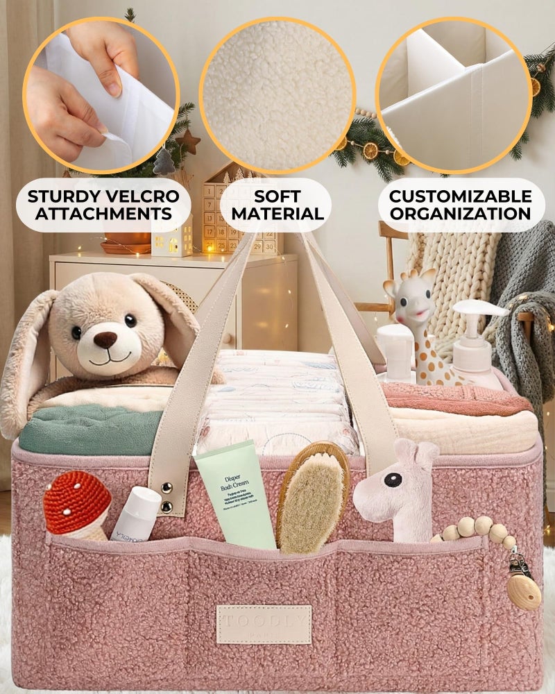 Toodly Baby Diaper Caddy Organizer with Portable Changing Mat - Teddy Fleece Diaper Organizer for Changing Table - Basket for Changing Essentials - Baby Essentials Organizer with Removable Dividers - Image 5