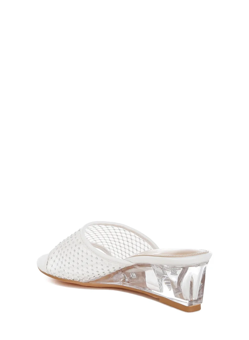 London Rag Mesh Clear Heel Wedge Sandals in White