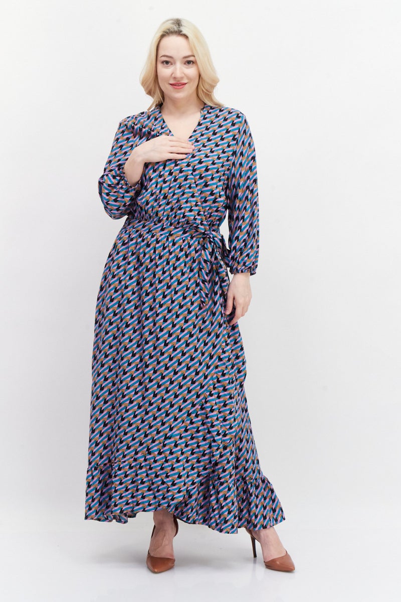 EDC Women Allover Pattern Wrap Dress, Green - Image 1