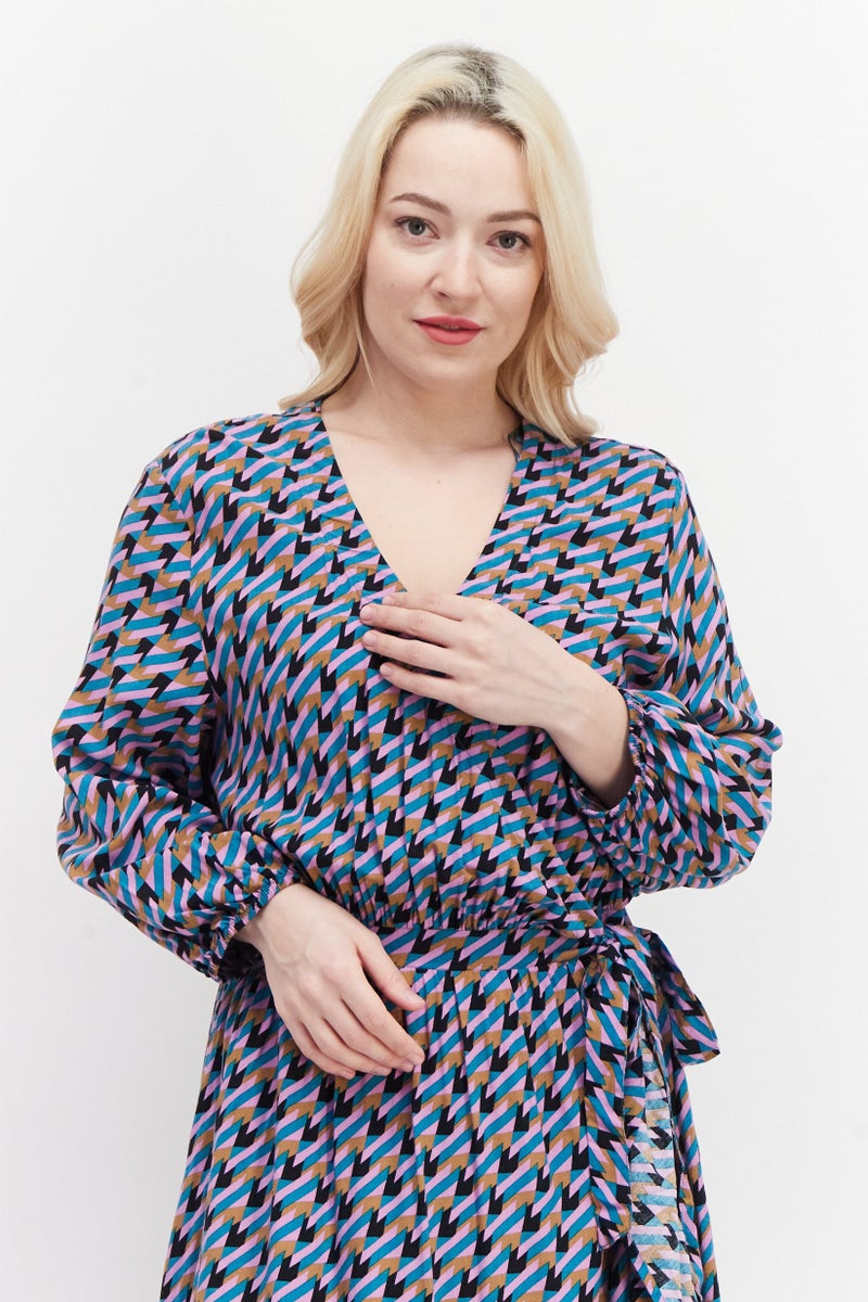 EDC Women Allover Pattern Wrap Dress, Green - Image 2