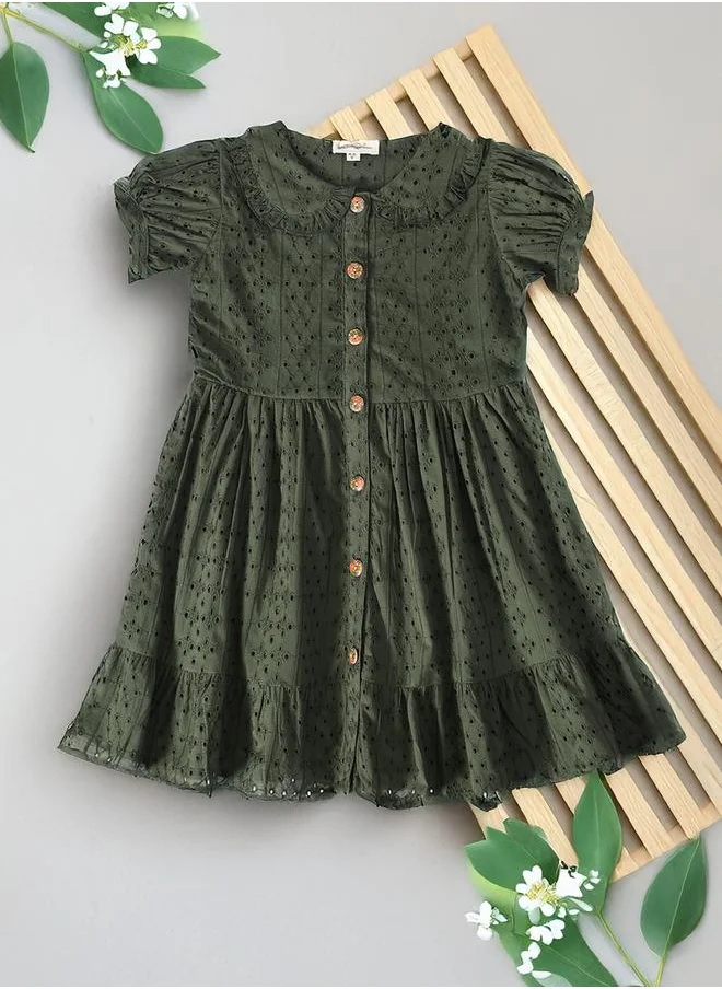 BELLA MODA Bella Moda Solid Schiffli Puff Sleeves Dress with Button Front