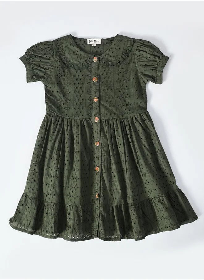 BELLA MODA Bella Moda Solid Schiffli Puff Sleeves Dress with Button Front