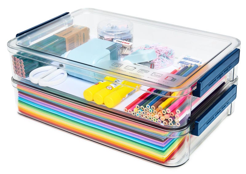 CATOOMUU 2 Pcs 5.5qt 9 x 13 Plastic Portable Project Case With Snap-Tight Latch Clear Stackable Storage Box With Lids Organizer Container For A4 File Photo Documents Scrapbook Craft Art Supplies - Image 1