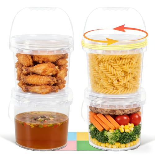 UMETASS 4 Pack 1 Gallon Food Grade Plastic Buckets with Screw Lids Handle Reusable Storage Containers for Snacks Salad Sauce Clear Freezer Safe Bucket Set - Image 1
