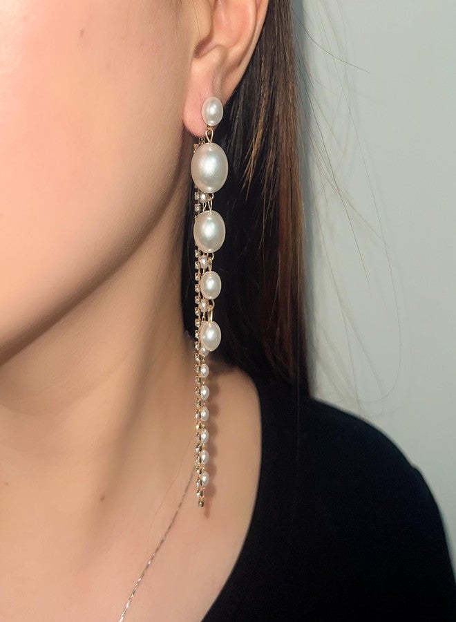 ZMANYIJEW Long Pearl Drop Dangle Earrings for Women,Dainty Boho Pearl Tassel Earrings,Wedding Pearls Chain Earrings jewelry for Women (A) - Image 4