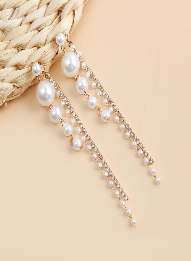 ZMANYIJEW Long Pearl Drop Dangle Earrings for Women,Dainty Boho Pearl Tassel Earrings,Wedding Pearls Chain Earrings jewelry for Women (A) - Image 5