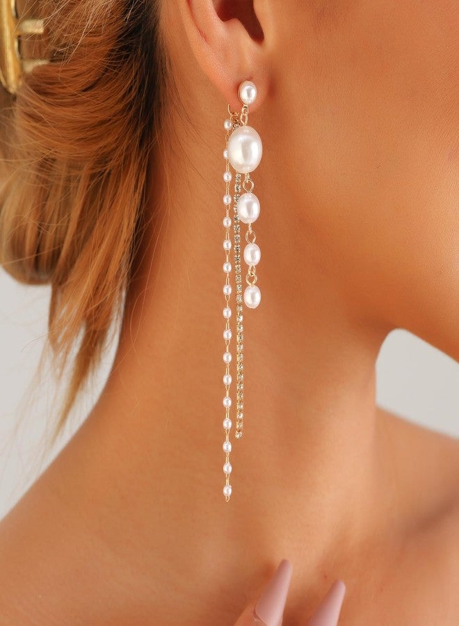 ZMANYIJEW Long Pearl Drop Dangle Earrings for Women,Dainty Boho Pearl Tassel Earrings,Wedding Pearls Chain Earrings jewelry for Women (A) - Image 2