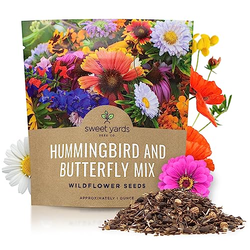 SWEET YARDS Wildflower Seeds Butterfly and Humming Bird Mix - Large 1 Ounce Packet 7,500+ Seeds - 23 Open Pollinated Annual and Perennial Species - Image 1