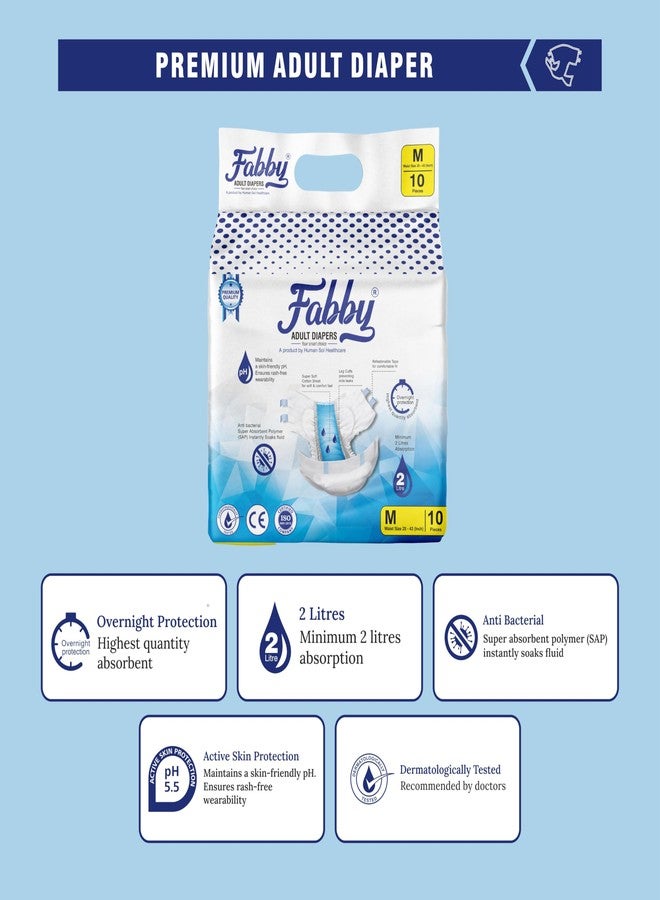 Fabby Easy Adult Diapers Tape Style - 10 Count (Medium) with Leg Cuffs Preventing Leak, Unisex, Anti-Bacterial Super Absorbent (2 Liters) Overnight Protection Waist Size 28-43 inch; 72-110cm - Image 2