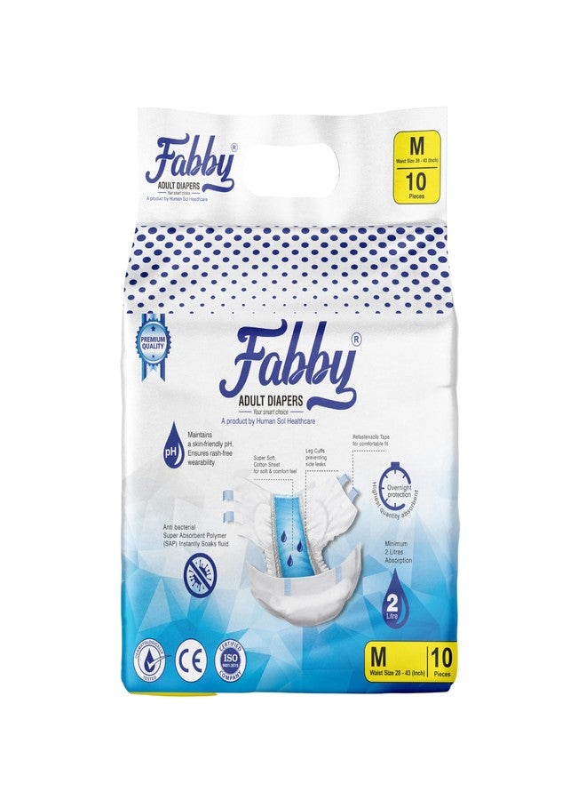 Fabby Easy Adult Diapers Tape Style - 10 Count (Medium) with Leg Cuffs Preventing Leak, Unisex, Anti-Bacterial Super Absorbent (2 Liters) Overnight Protection Waist Size 28-43 inch; 72-110cm - Image 1