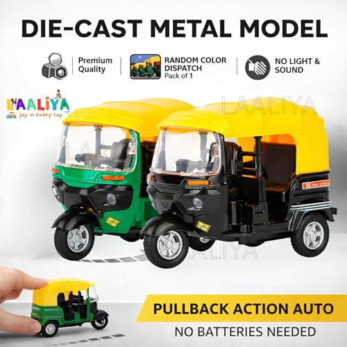 LAALIYA Pull Back Auto Rickshaw Toy Realistic Indian Tuk Tuk Miniature Model for Kids Manual Friction Powered Vehicle (No Batteries Needed) Die-Cast | Realistic Metal 3-Wheel Indian Auto Replica(Pack of 1) - Image 3