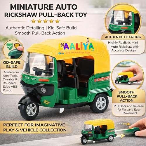 LAALIYA Pull Back Auto Rickshaw Toy Realistic Indian Tuk Tuk Miniature Model for Kids Manual Friction Powered Vehicle (No Batteries Needed) Die-Cast | Realistic Metal 3-Wheel Indian Auto Replica(Pack of 1) - Image 2