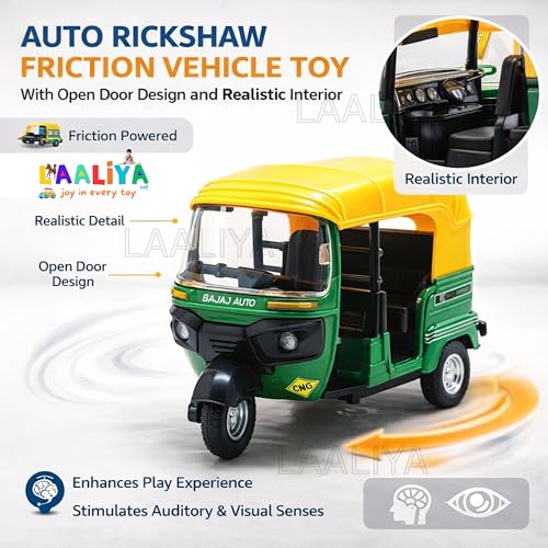 LAALIYA Pull Back Auto Rickshaw Toy Realistic Indian Tuk Tuk Miniature Model for Kids Manual Friction Powered Vehicle (No Batteries Needed) Die-Cast | Realistic Metal 3-Wheel Indian Auto Replica(Pack of 1) - Image 4