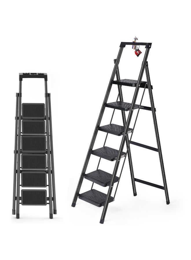 زيريفام سلم متدرج - سلم قابل للطي، مقعد متدرج متين مع رف أدوات ودواسات مانعة للانزلاق، يُستخدم للمطبخ والمنزل والاستخدام الداخلي والخارجي. (أسود، 6 درجات) - Image 1