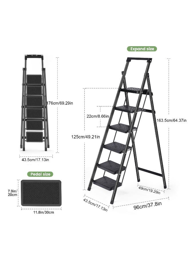 زيريفام سلم متدرج - سلم قابل للطي، مقعد متدرج متين مع رف أدوات ودواسات مانعة للانزلاق، يُستخدم للمطبخ والمنزل والاستخدام الداخلي والخارجي. (أسود، 6 درجات) - Image 5