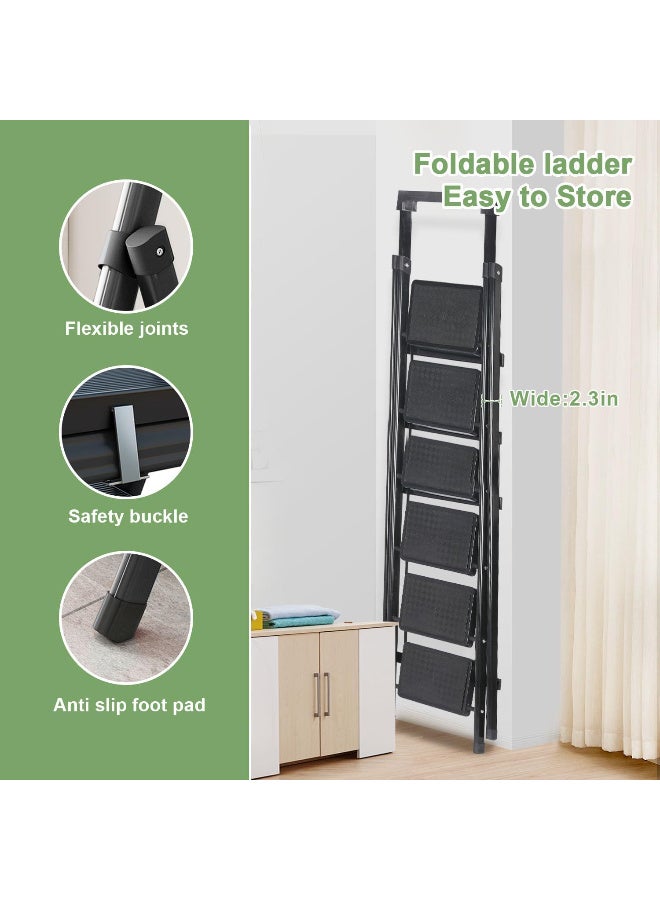 زيريفام سلم متدرج - سلم قابل للطي، مقعد متدرج متين مع رف أدوات ودواسات مانعة للانزلاق، يُستخدم للمطبخ والمنزل والاستخدام الداخلي والخارجي. (أسود، 6 درجات) - Image 3