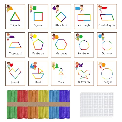 Noveread 252 Pcs Shapes Flash Cards with Colorful Sticks and White Hook for Toddlers Preschool Kids Learning Art Craft Develops Shape Recognition Imagination Creativity - Image 1