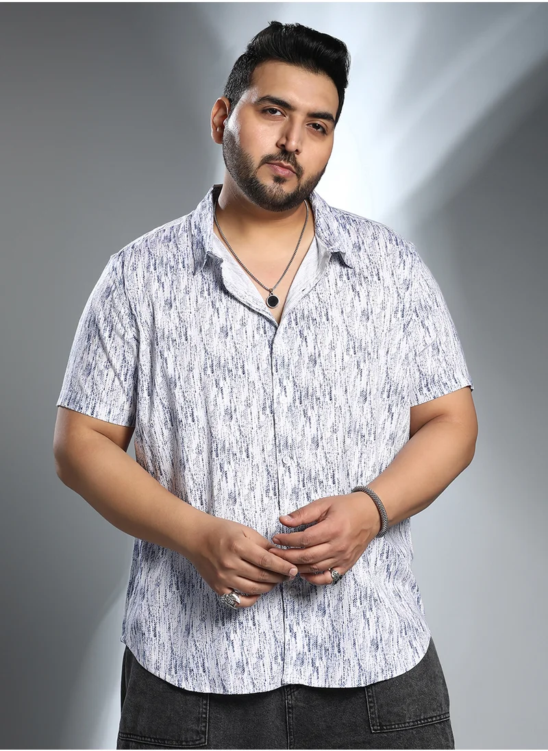 انستافاب بلس Instafab Plus Men's Chalk White & Indigo Blue Misty-Textured Shirt For Casual Wear | Spread Collar | Short Regular Sleeve | Button Closure | Plus Size Shirt Crafted With Comfort Fit For Everyday Wear