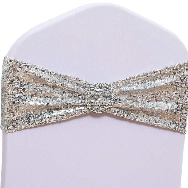 SINSSOWL Pack of 50 Spandex Sequins Chair Sashes Silver Chair Bands with Buckles Chairs Bows Ties for Party Wedding Fiesta Decor  Sequin Silver Chair Sash
