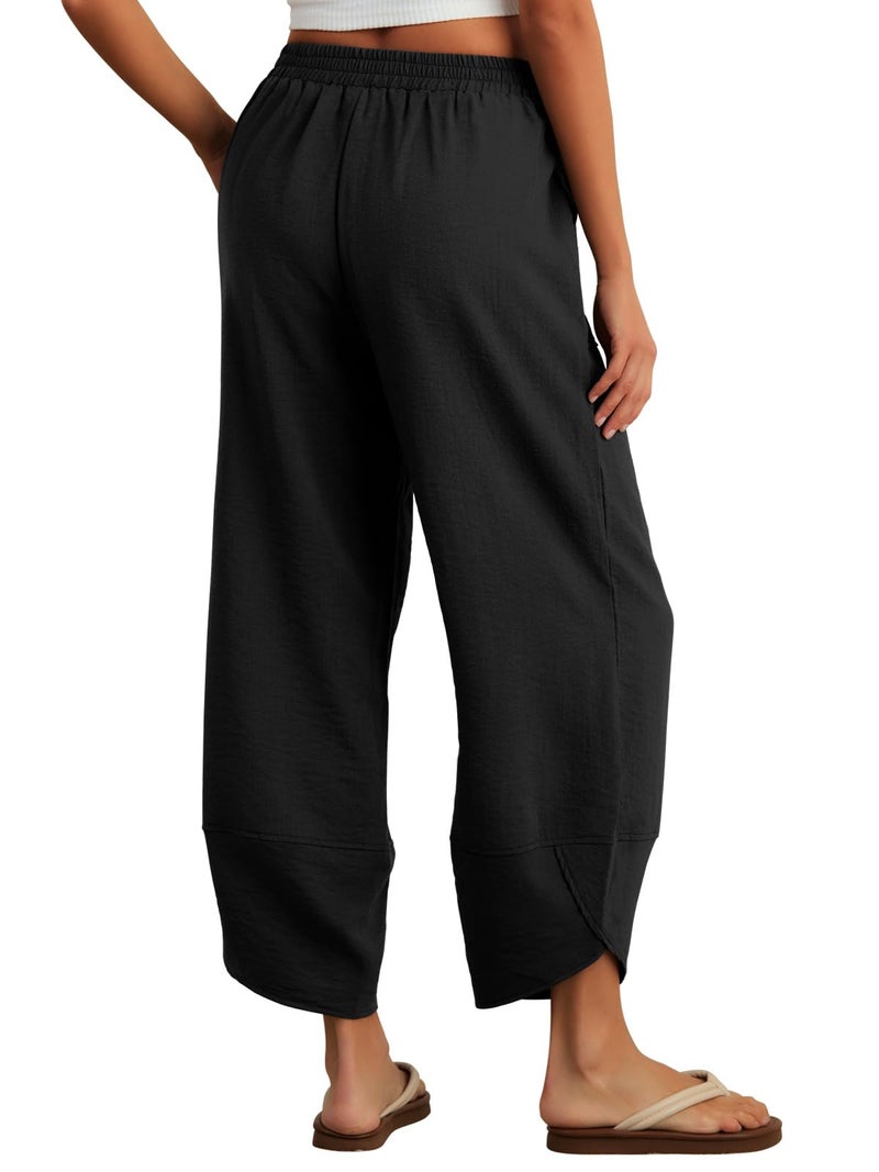 Feiersi Womens Baggy Wide Leg Pants Elastic Waisted Casual Palazzo Harem Pants Summer Beach Trousers(Black,Small) - Image 5