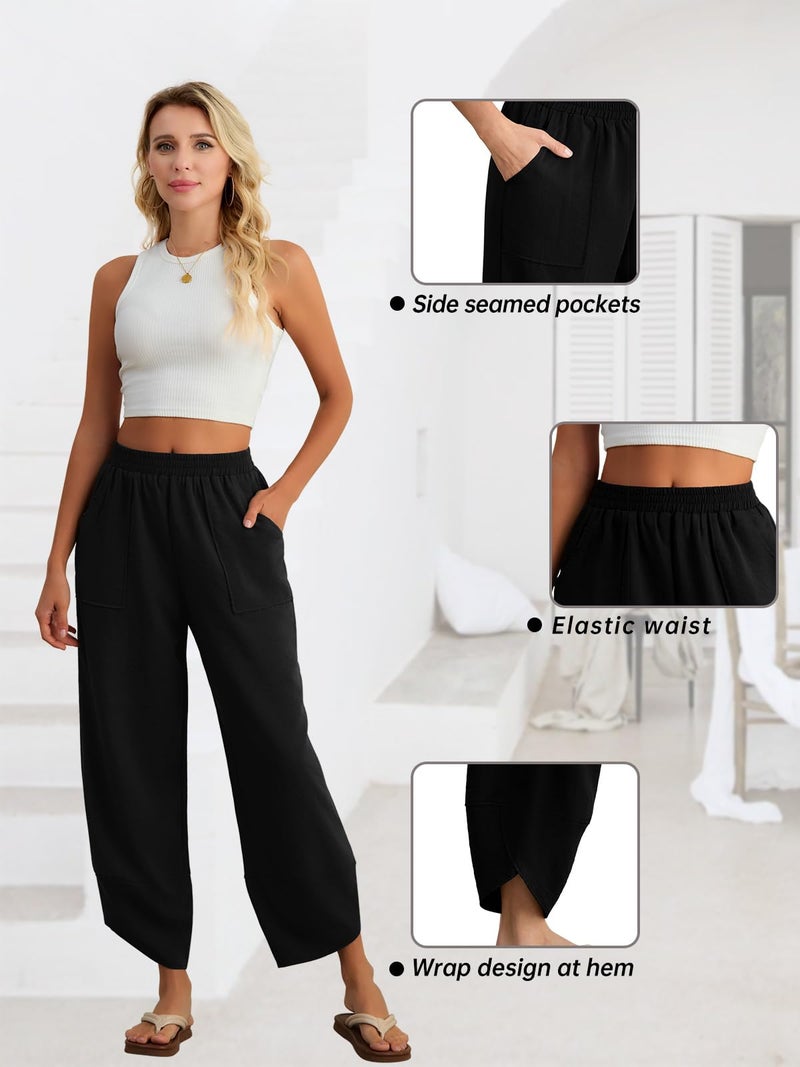 Feiersi Womens Baggy Wide Leg Pants Elastic Waisted Casual Palazzo Harem Pants Summer Beach Trousers(Black,Small) - Image 4