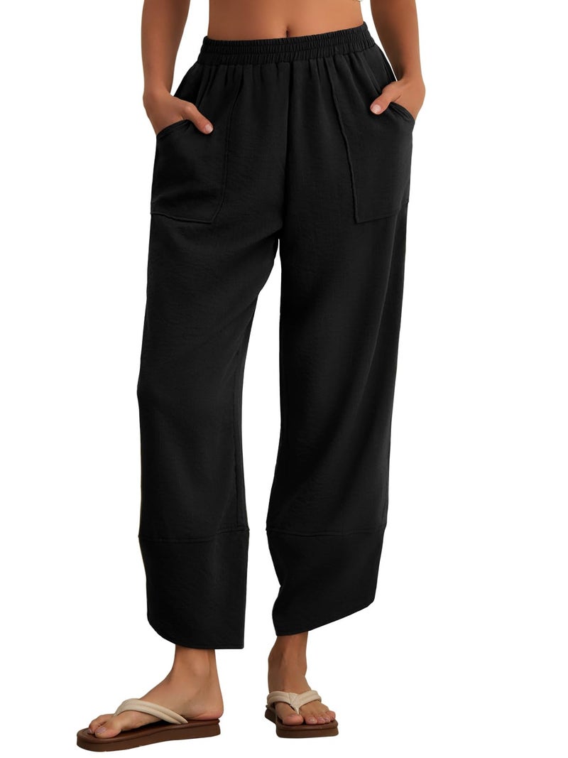 Feiersi Womens Baggy Wide Leg Pants Elastic Waisted Casual Palazzo Harem Pants Summer Beach Trousers(Black,Small) - Image 2