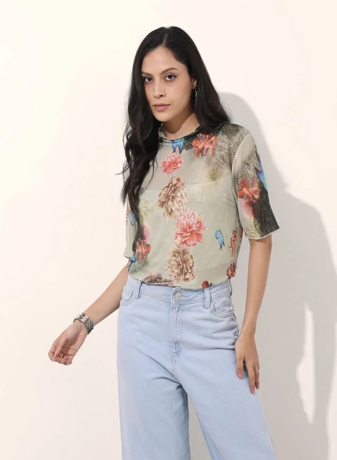 مرفوعة Women Regular Fit Graphic Printed Round Neck Short Sleeve Regular Top
