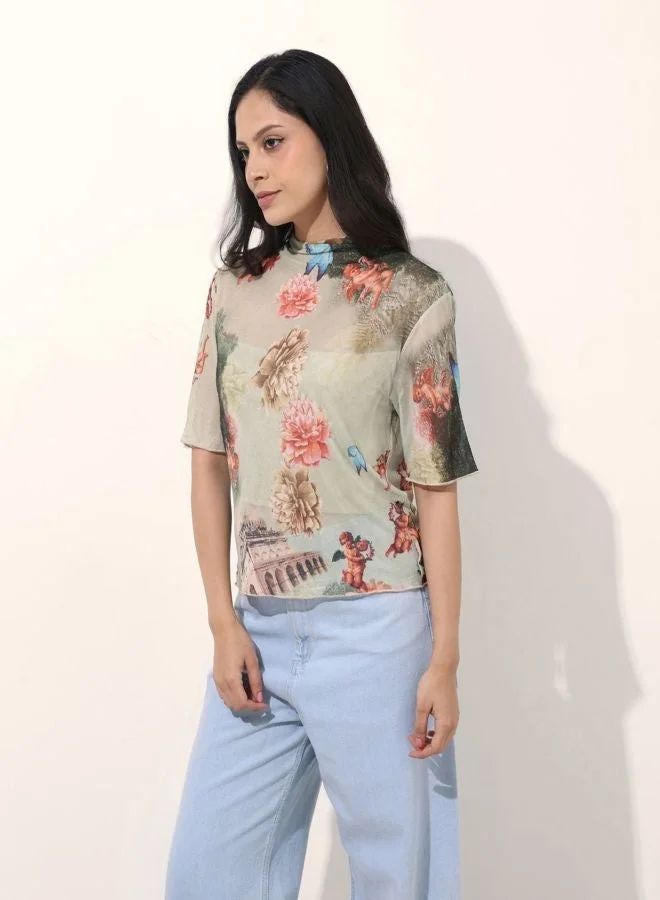 Freehand Women Regular Fit Graphic Printed Round Neck Short Sleeve Regular Top