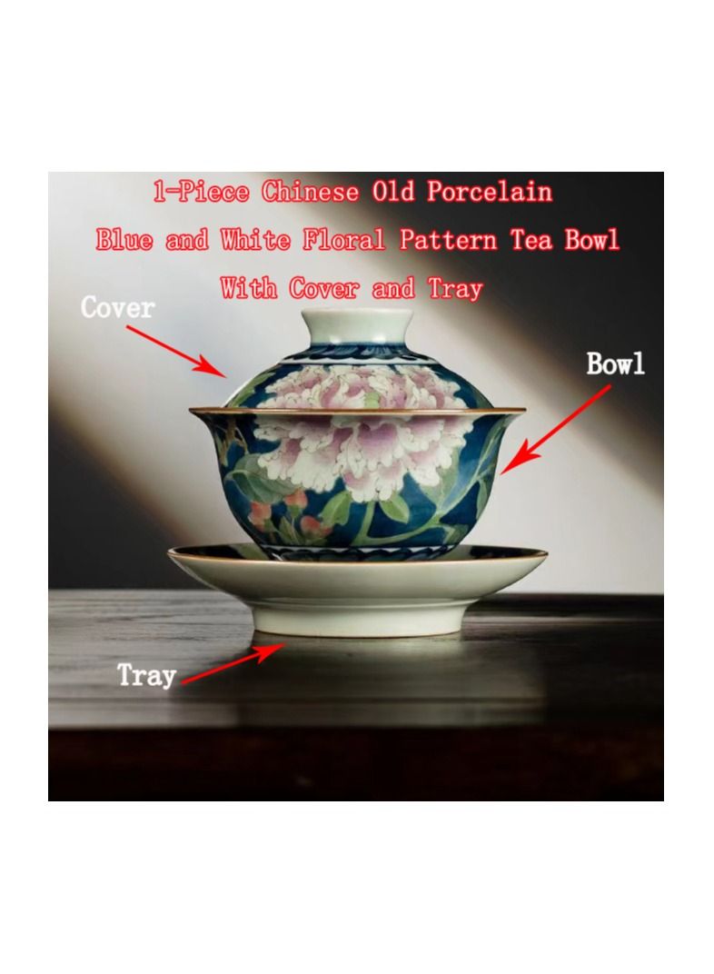 1-Piece Chinese Old Porcelain Blue and White Bowl Tea Set,Chinese Tea Bowl with Cover and Tray,Chinese Traditional Handicraft Ceramic Tea Set - Image 1